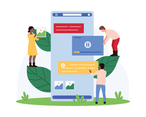 Chat messenger mobile app design development. Tiny people holding speech bubbles of SMS, picture and video icons to put on smartphone screen, develop user interface cartoon vector illustration