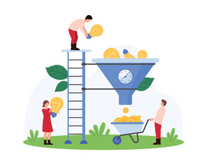 Business ideas to make money, creative project monetization. Tiny people monetize smart solutions, man on ladder throwing bright bulbs into big funnel to convert to coins cartoon vector illustration