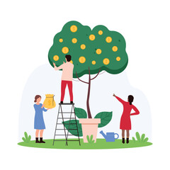 Money savings growth and capital increase, success investment and salary, financial prosperity. Tiny people grow green tree in pot, character picking gold coins into bag cartoon vector illustration
