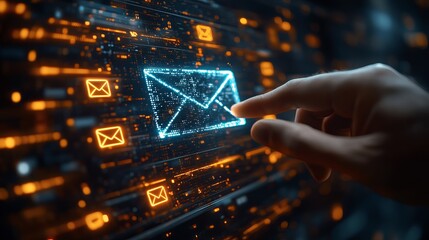 A person's index finger is about to click on a glowing blue email icon on a futuristic digital interface with multiple smaller orange email icons in the background