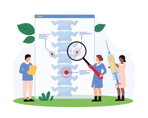 Orthopedic specialists examine a spine x-ray with a large magnifying glass and syringe. Medical charts and equipment, focusing on detailed spine analysis and treatment vector illustration