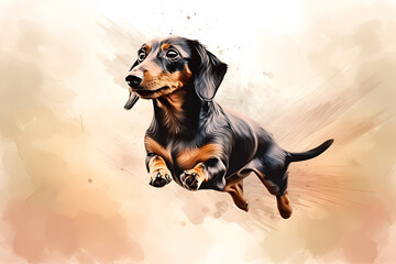 Energetic dachshund leaping through artistic background