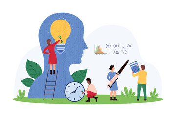 Digital project development, machine learning. Tiny people with spanner repair light bulb inside digital assistants head silhouette, making maths calculation with formulas cartoon vector illustration