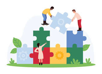 Business partnership, success challenge of building collaboration. Tiny people connect puzzle pieces together, match jigsaw part with unity and teamwork of partners cartoon vector illustration