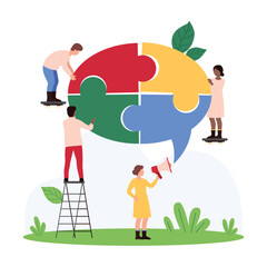 Success challenge of team communication, business conversation. Tiny people explain and talk into megaphone, connect puzzle pieces inside speech bubble shape together cartoon vector illustration
