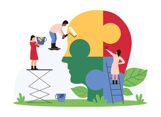 Mental health, psychologists support on counseling consultation, psychology. Tiny people connect and colour in puzzle pieces inside human head, solve problem of patient cartoon vector illustration