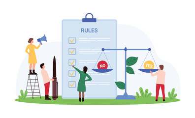 Business decision right and wrong according to rules, policy. Tiny people weigh Yes and No icons on balance scale to choose answer, study list of rules for compliance cartoon vector illustration