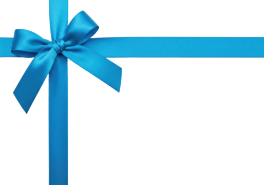 Vibrant bright blue satin ribbon elegantly tied into a bow, forming an L-shaped border against a seamless transparent background with ample copy space, concept for elegant celebration and branding - Powered by Adobe