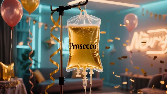 Creative medical IV drip bag filled with golden Prosecco wine hanging in festive party room with falling confetti balloons and neon lights for New Year celebration