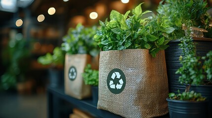 Potted plants in eco-friendly burlap bags with recycling symbols on a shelf in a modern indoor setting with warm lighting