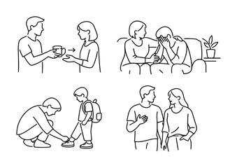 Naklejka premium Minimal line art showing kindness and support through everyday acts: sharing a drink, comforting distress, tying shoes, and friendly conversation
