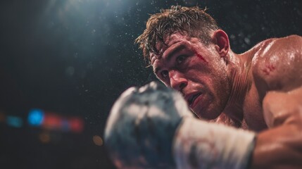 A close-up portrait shows a boxer with facial injuries and sweat, focused during a fight. The image captures the intensity and physicality