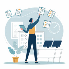 Project management checklist task office business planning approval worker organized schedule cartoon flat man document board