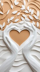 Vertical charity or crowdfund background featuring hands holding heart in paper art style, support and donation concept