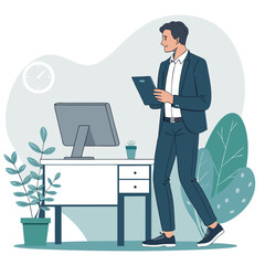 Businessman office desk computer tablet standing plant modern Illustration of businessman office desk computer tablet standing
