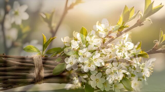 Celebrating Imbolc and St Brigid's Day, this composition portrays symbolic spring renewal with fresh white blossoms and vibrant new leaves