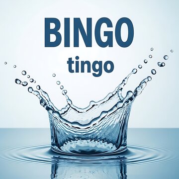 Water splash crown with bingo tingo text, clear blue liquid.
