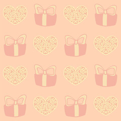 Vector seamless pattern with pink hearts and gift boxes. Festive background for birthdays, weddings, and Valentine's Day. Основные RGB