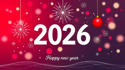 A festive digital illustration celebrating the Happy New Year 2026 with fireworks and ornaments