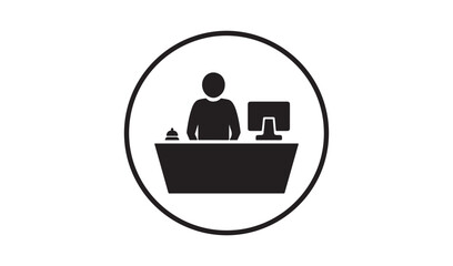 Hotel reception desk icon with staff silhouette computer monitor and service bell