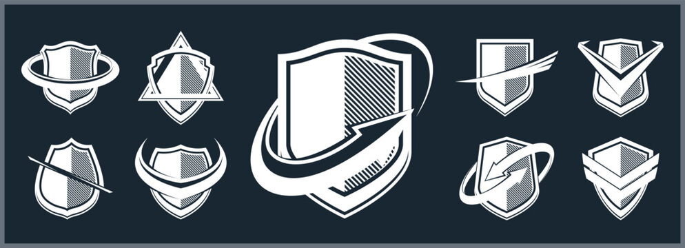 Classic shields shapes set with different additional elements vector symbols set, defense and safety icons, ammo emblems collection.