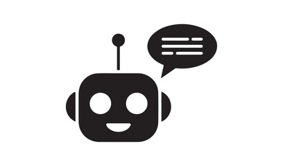 Friendly Chatbot Avatar Icon, Black Silhouette of Smiling Robot Head with Speech Bubble for Customer Service AI
