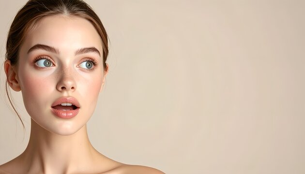 Surprised Young Woman with Natural Makeup and Open Mouth Looking Away.