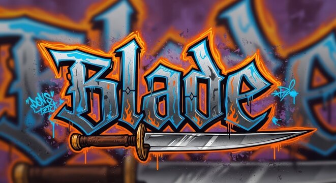 Stylized lettering design incorporating a sharp edged weapon set against a muted urban background