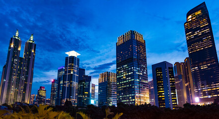 View of Jakarta's Central Business District at dusk (blue hour). Jakarta cityscape at sunset.