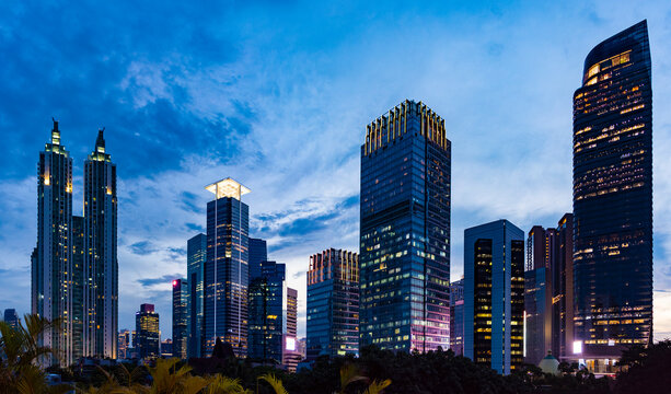 View of Jakarta's Central Business District at dusk (blue hour). Jakarta cityscape at sunset.