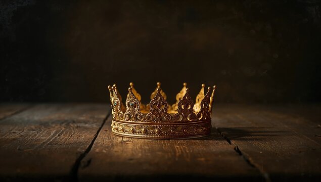 An ornate crown placed on rustic wood, with vintage tone, highlighting traditional monarchy symbols, World Heritage Day