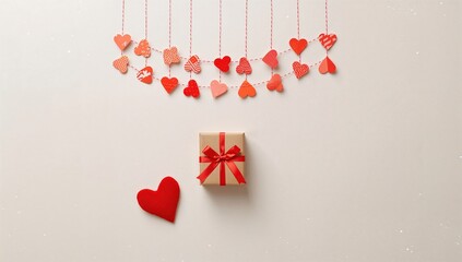 Romantic holiday card featuring a garland of hearts, a small gift, and a red textile heart on a plain off white backdrop, ideal for greeting purposes