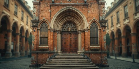 Vintage medieval church exterior featuring intricate window patterns, aged wood accents, and classic architecture, ideal for historical cityscape backgrounds