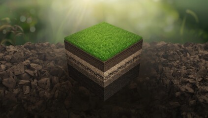 Cutaway terrain surface with soil layers and grass top, illustrating subsurface structure for environmental assessment