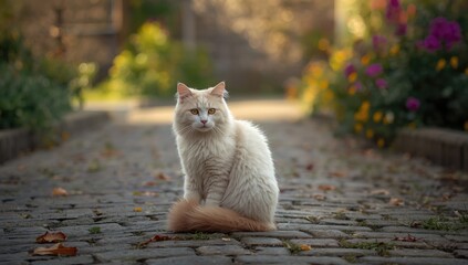 White ginger cat relaxing outdoors on a sunny summer day, highlighting urban animal behavior