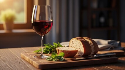 Glass of red wine, sliced bread, knife, and herbs on wooden board