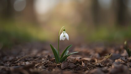 Snowdrop plant growing near a woodland trail, illustrating natural plant emergence in spring, Earth Day