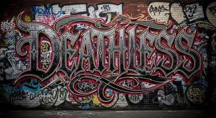 Ornate, highly stylized letterforms dominate an urban brick wall covered in street art