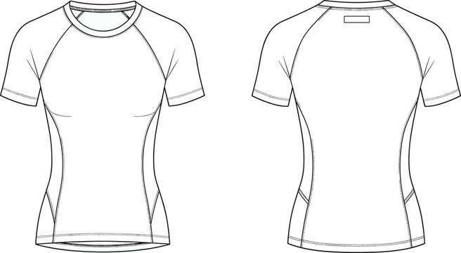 Flat vector technical sketch of a womens raglan sleeve activewear t-shirt with front and back view