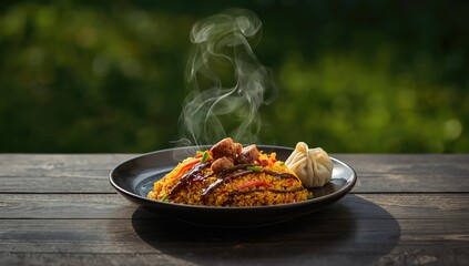 Stir-fried rice served alongside steamed dumpling, highlighting meal preparation and presentation
