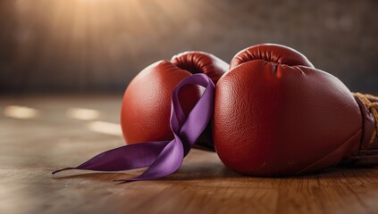Detailed view of boxing gloves and purple ribbon, highlighting athletic gear and recognition, sports awareness day