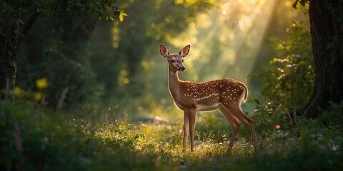 Deer with spotted coat amid trees, focusing on wildlife and natural environment