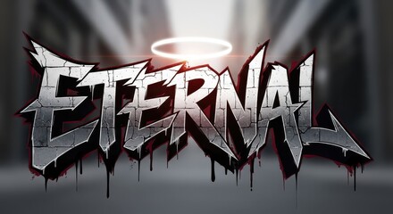 Stylized inscription with dripping paint effect hovers beneath a glowing halo