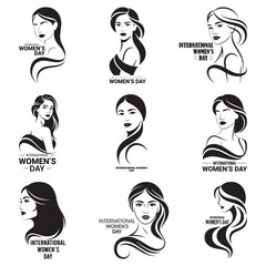 Black Color International Women&rsquo;s Day Typography &ndash; Elegant Female Portrait Vector Silhouette Vector Illustration, Solid White Background.