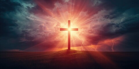 Fototapeta premium Church cross in stormy sky with lightning and sunlight, symbolizing divine presence, World Malaria Day