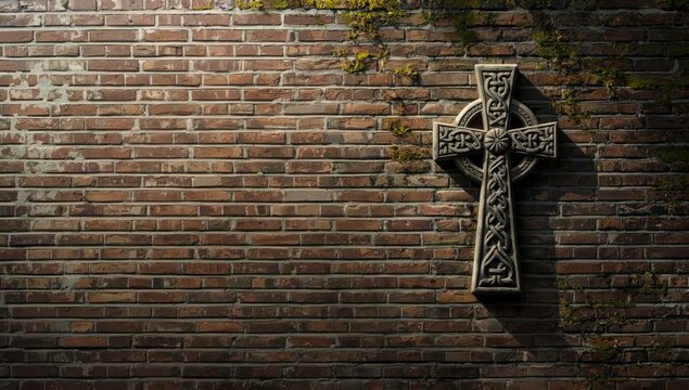 Brick wall with a cross icon serving as a backdrop for faith-based messaging in editorial layouts