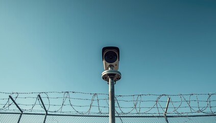 Obraz premium Surveillance device installed on a fence in a restricted area highlighting security measures, World Security Day