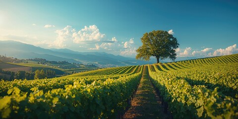 Vineyard scene during summer with lush green foliage, mountain view, and clear sky, highlighting rural landscape