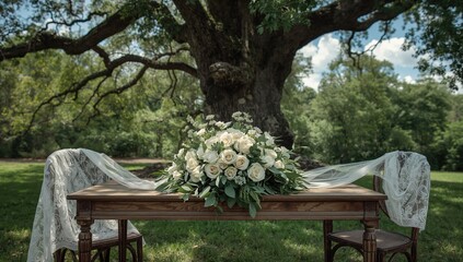 Flower arrangement for outdoor wedding decoration, floral display focused on natural setting compatibility