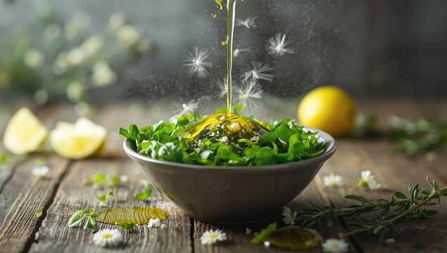 Pouring olive oil over a leafy dandelion salad on a rustic wooden surface, highlighting natural ingredients